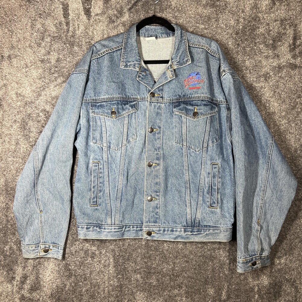 Vintage Planet Hollywood Jacket Mens Large Blue Denim Amsterdam Embroidered 90s